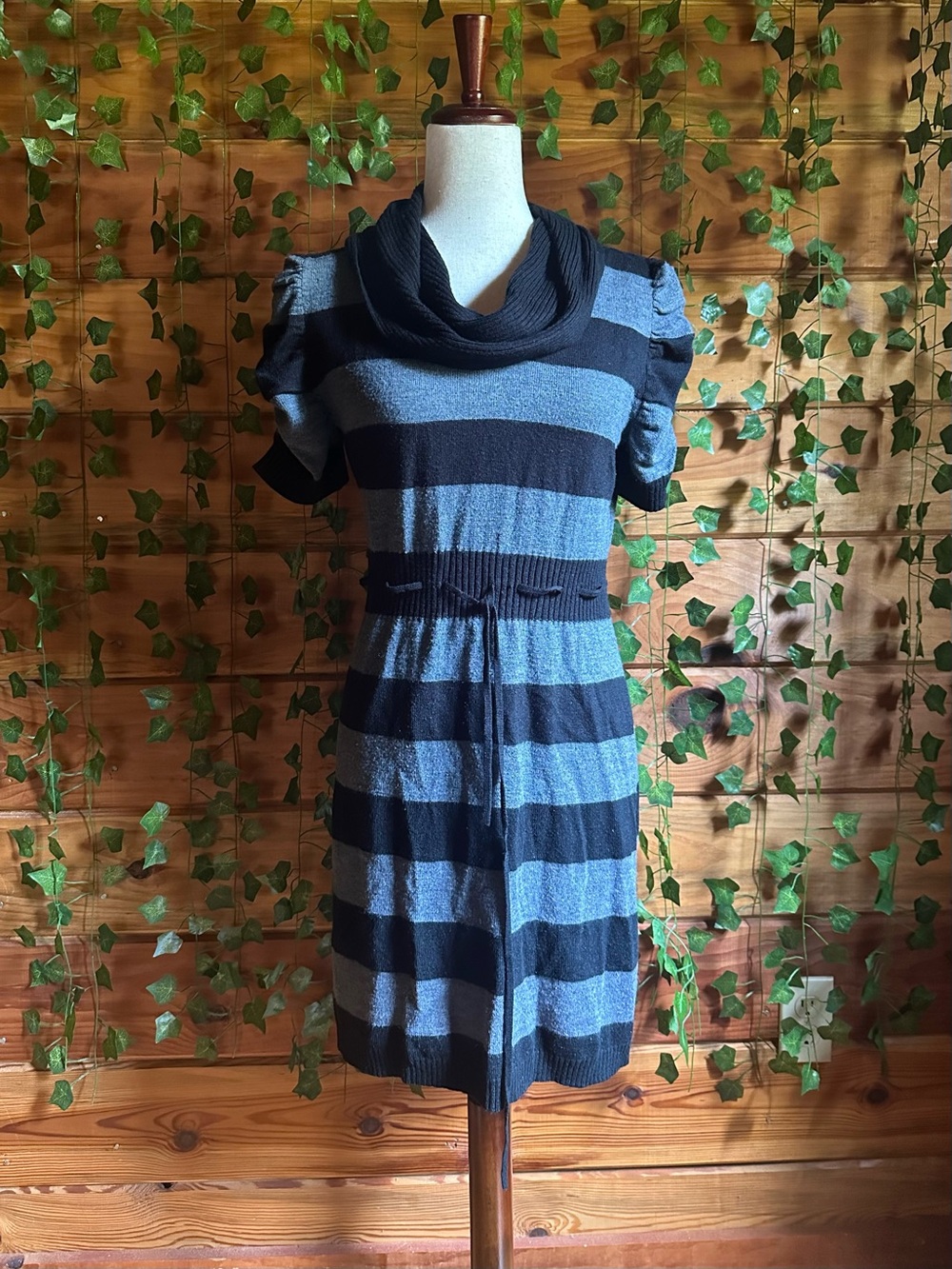 Striped Black and Grey Knit Sweater Dress